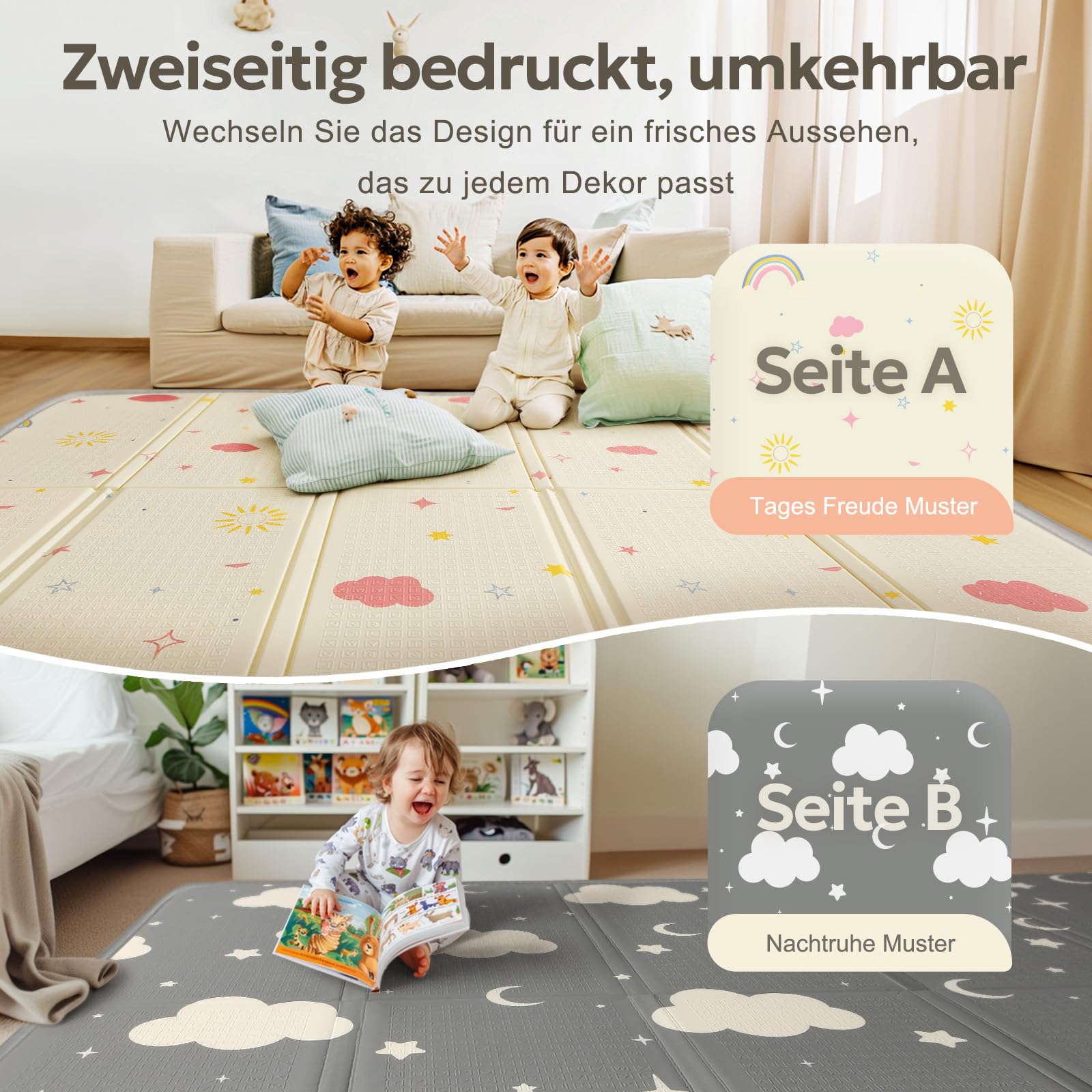 Mallify Krabbelmatte 180x200x1,5cm für Baby, Faltbar & Schadstofffrei, Beidseitig Verwendbare Spielmatte mit Kantenschutz, Kinderzimmer Spielteppich Play Mat, Tragbar & Wasserdicht für Innen & Outdoor