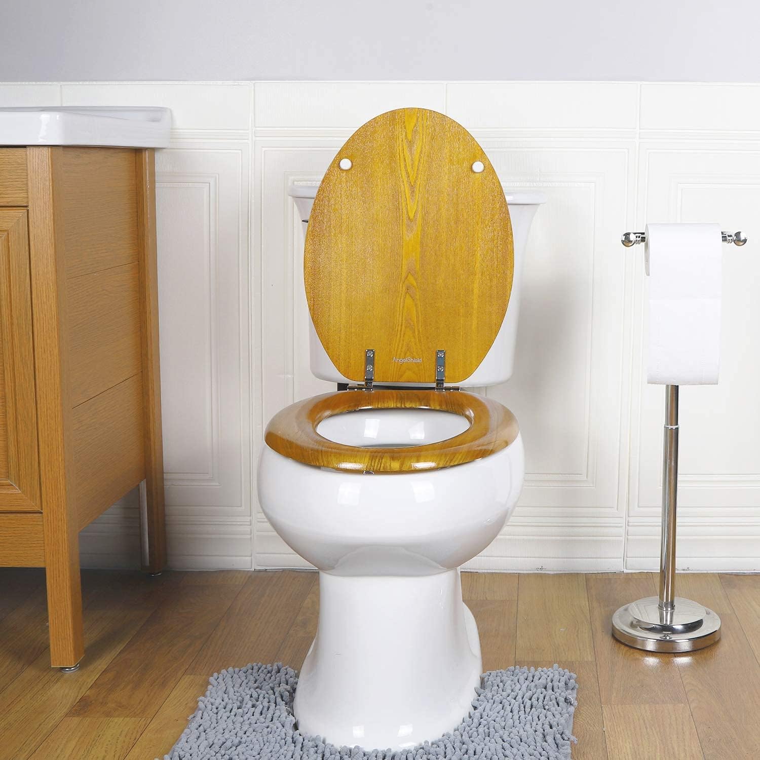 Angel Shield Durable Wood Veneer Natural Toilet Seat Metal Hinged Easy Clean Anti-scratch American Standard(Elongated,Oak)
