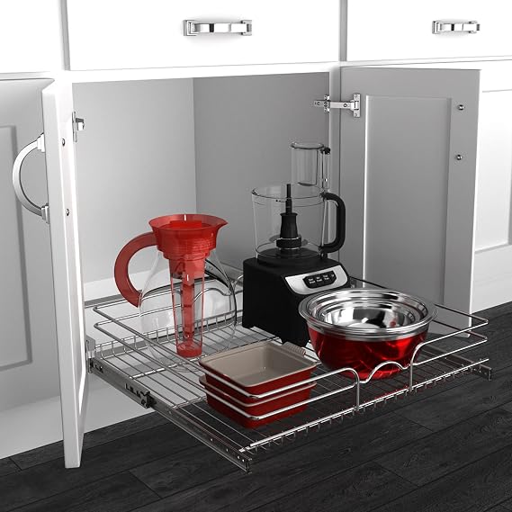Rev-A-Shelf Steel Wire Pullout Drawer Organizer Shelf for Kitchen Cabinets, Slide Out Storage Basket, Min Opening Width of 23.5, 24 x 22, 5WB1-2422CR-1