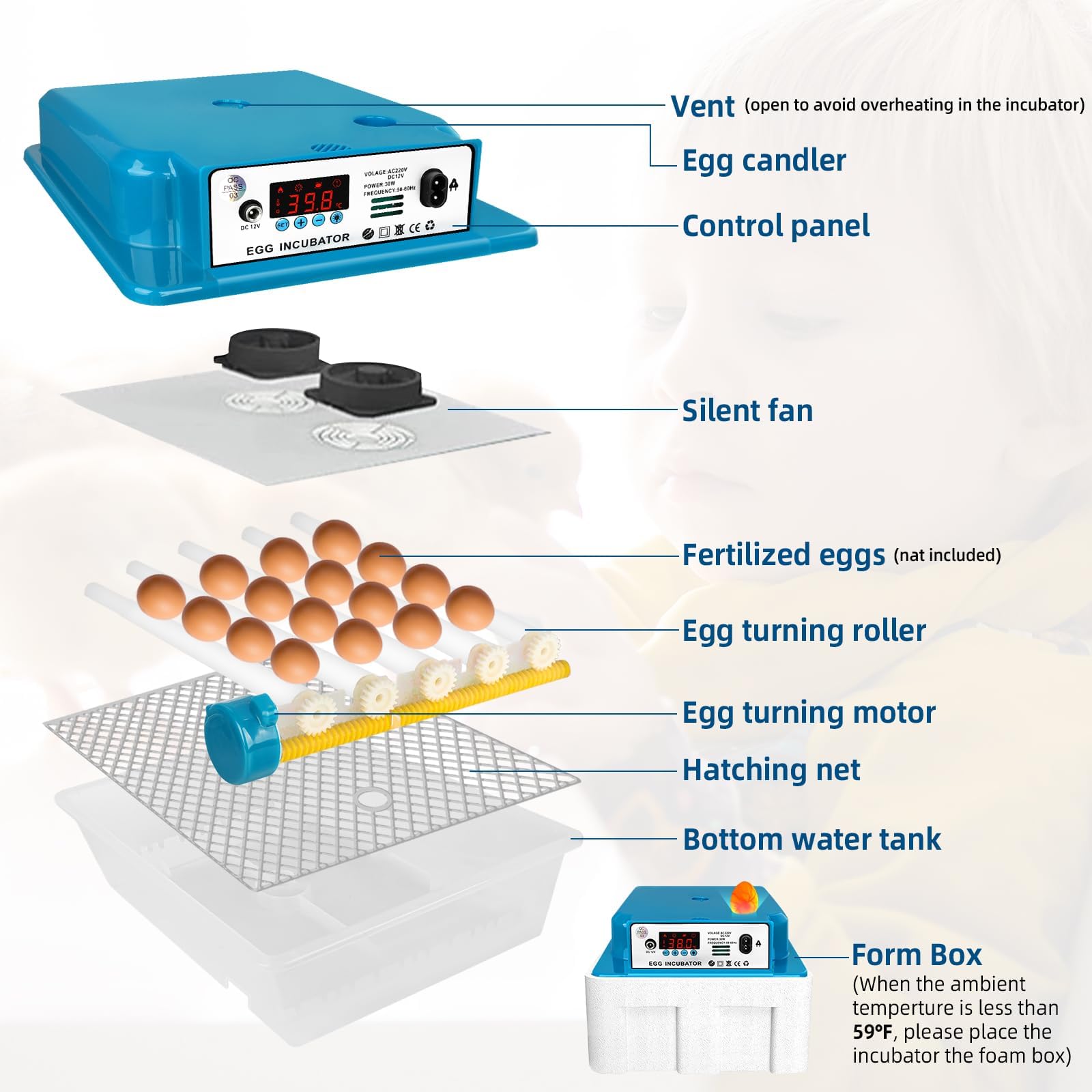Incubatore automatico per uova con controllo della temperatura per 16 uova, incubatore con rotazione automatica e irrigazione, per uova di pollo, oca, anatra e quaglia