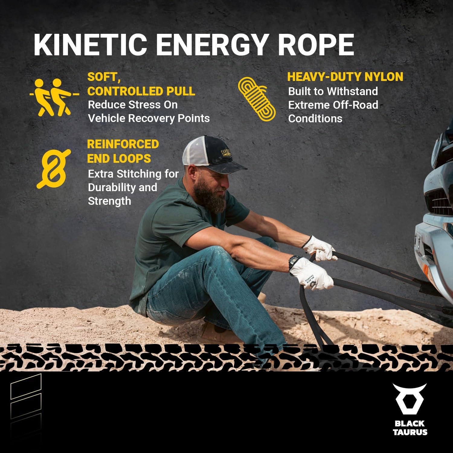 3/4" x 30 ft Kinetic Recovery Rope – (18,230 lbs) Shock Absorbing 30% Stretch Heavy Duty Nylon Snatch Rope for Safe Off-Road Towing, Dynamic Reinforced Loops for Truck, SUV & ATV – Black