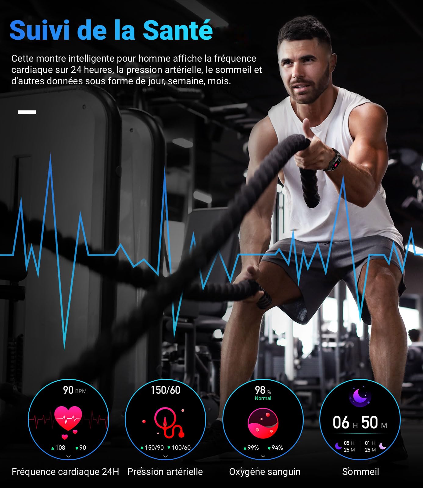 LIGE Montre Connectée Homme, 1.39" Smartwatch avec Fréquence Cardiaque, Tension Artérielle, SpO2, Durée du Sommeil, 300+ Cadran, 100+ Sports Fitness Watch pour Android iOS, IP67, Noir