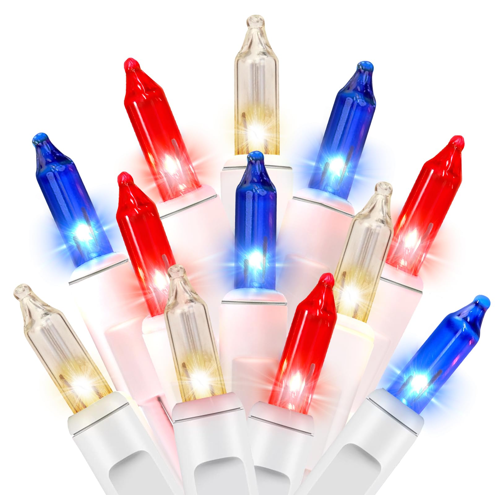 Red White and Blue Lights 100 Count Clear Mini Lights White Wire UL Certified Connectable Patriotic String Lights for Independence Day,July 4th,Presidents Day,Memorial Day Decorations (100 Count 21Ft)
