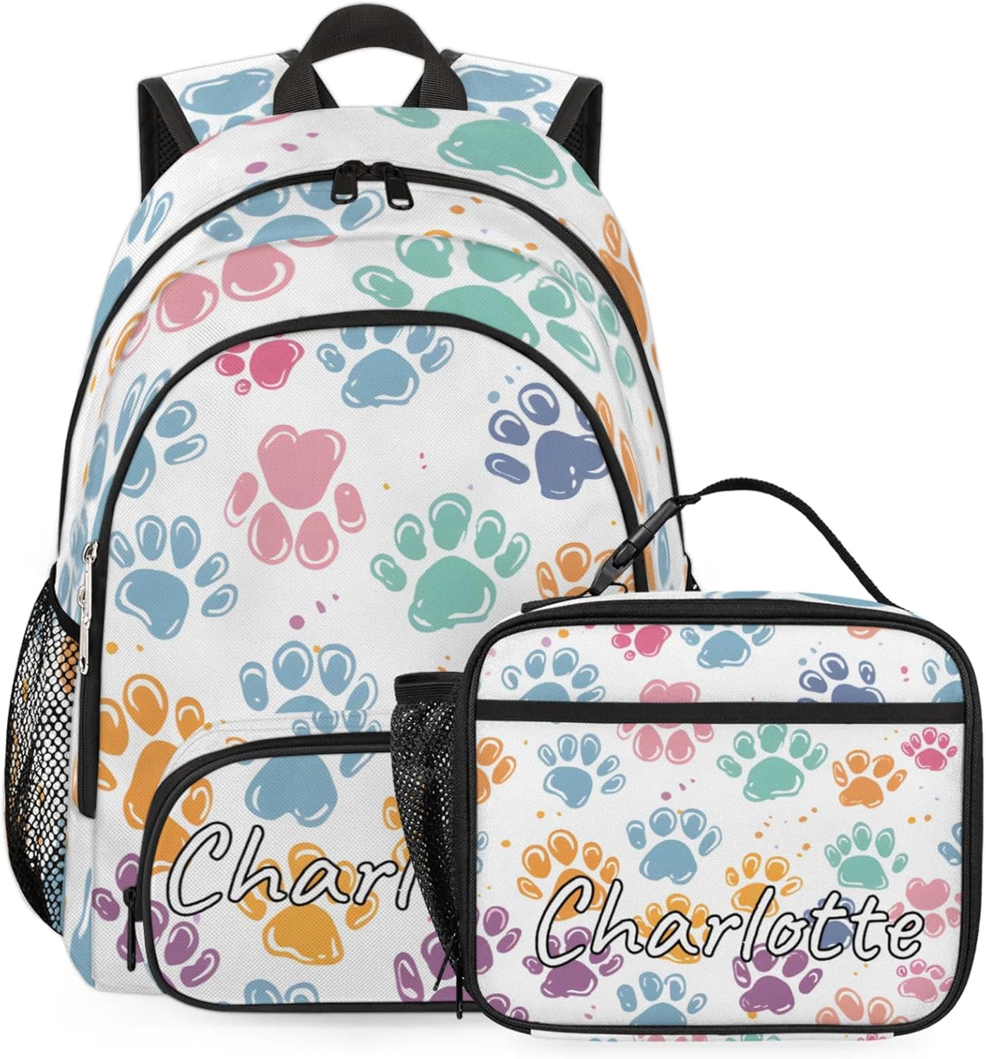 Custom Dogs Cat Pet Paw Backpack and Lunch Box Set Personalized Backpack with Name, Customized Abstract Animal Footprint Lightweight Waterproof Travel Casual Daypacks