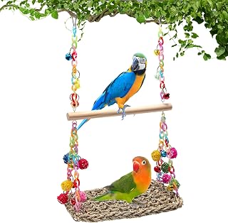 Coolrunner Bird Hammock Swing: Natural Seagrass Nest with Bells for Parakeets, Budgies, Conures, Cockatiels - Hanging Bird Toy Bed