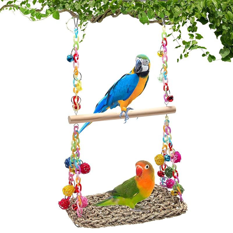Balanço para Aves Coolrunner com Rede de Sisal Natural, Madeira e Sinos