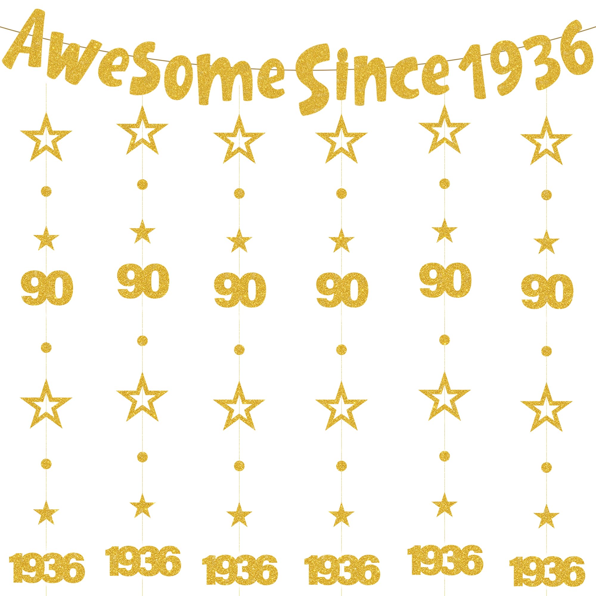 90th Birthday Decorations Men Women - 8 Pcs Gold Party Decoration including Awesome Since 1936 Banner and Number 90 Garlands Bunting for 90th Years Old Party Supplies