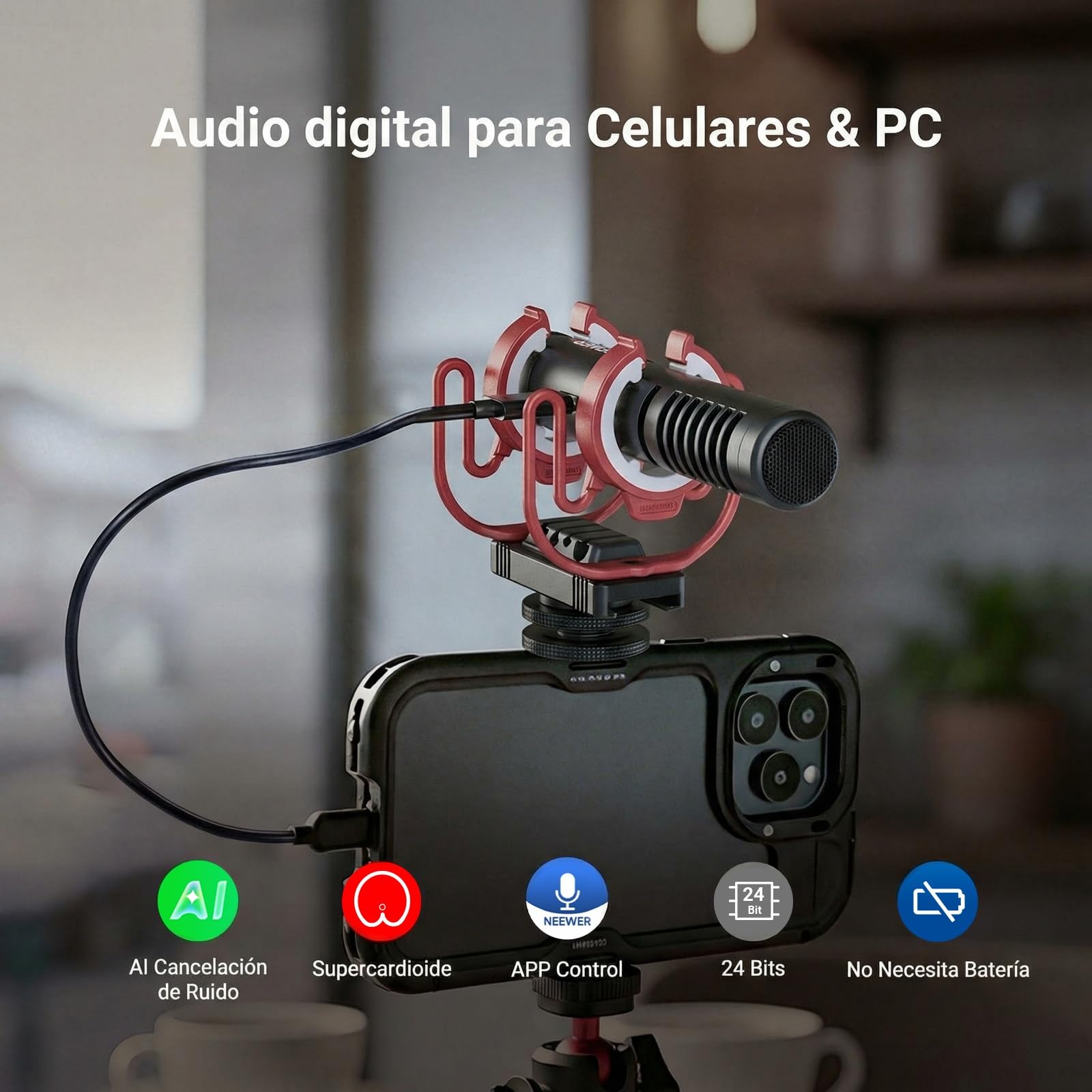 NEEWER VM15 AI Cancelación Ruido Mini Micrófono Supercardioide con App Ajustes Audio EQ,48kHz/24bits 3.5mm Analog Digital USB-C,Compatible con iPhone Android Ordenadores Cámaras,EQ Solo para Android