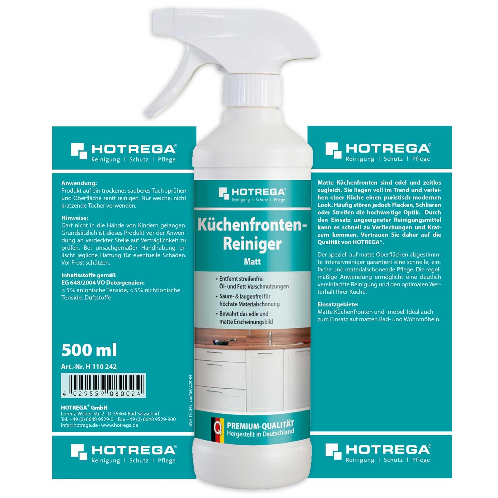 HOTREGA Küchenfronten Reiniger Matt | 5x 500 ml | Gegen Fingerabdrücke | Streifenfreie Pflege für matte Lack-, Folien- & Kunststoffoberflächen | Ohne Glanzbildung | Für Schwarz, Weiß & Grau