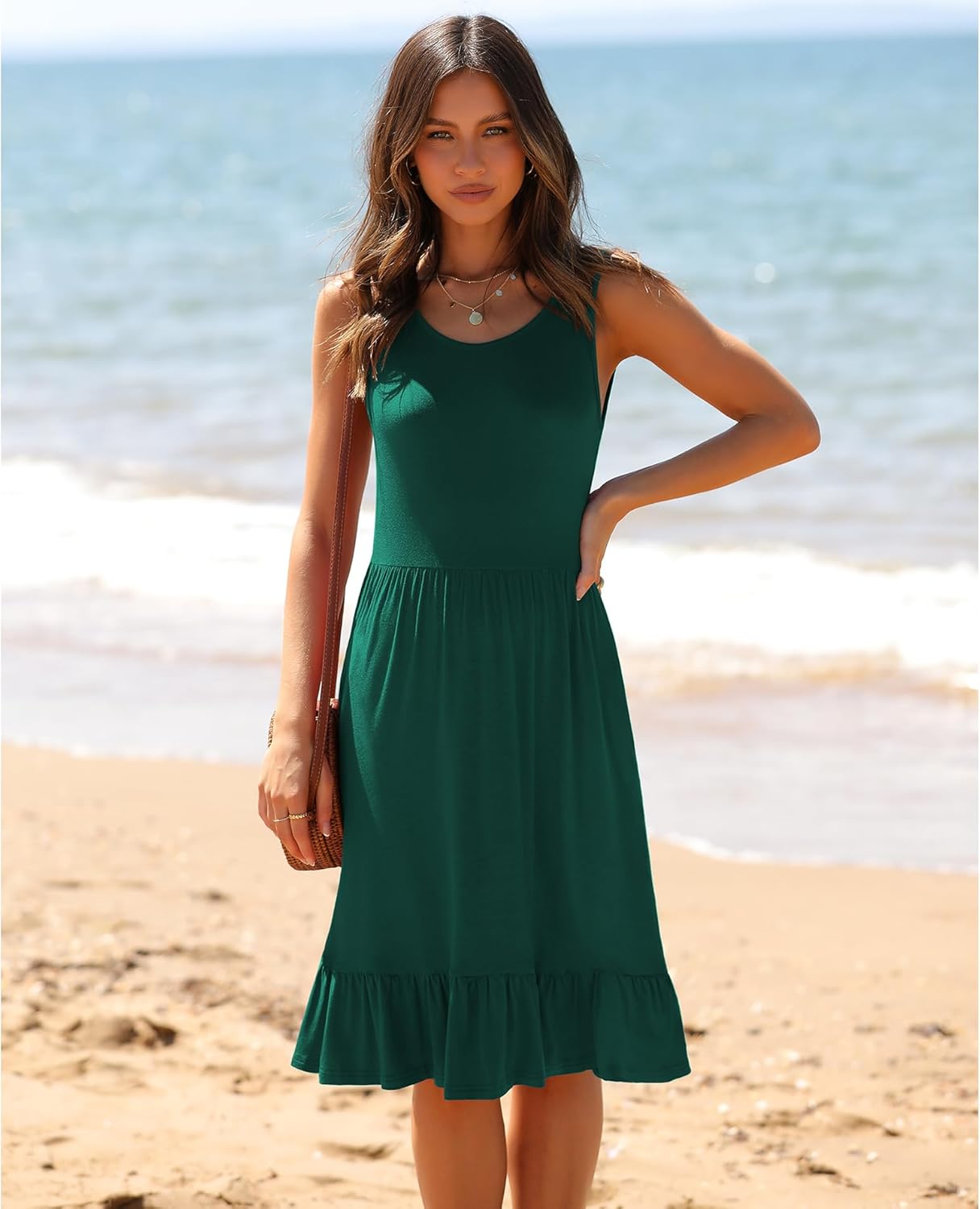 LILBETTER Women's Round Neck Summer Sundresses Casual Pleated Ruffle Hem Knee Length Sleeveless Tank Dress with Pockets - Image 5