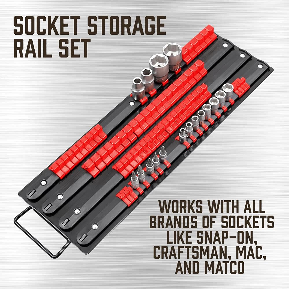 SEDY Socket Organizer Tray, Sockets Holder, 32x 1/4-Inch x Clips, 30x 3/8-Inch, 24x 1/2-Inch Socket Storage Clips, Premium Quality Socket Clip Rail Holder for Up to 80 Sockets