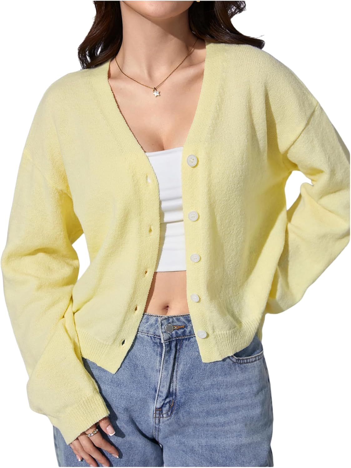 OYOANGLE Women's Knit Button Front Cardigan Drop Shoulder Long Sleeve Loose Cardigan Sweater Fall Fashion Outerwear