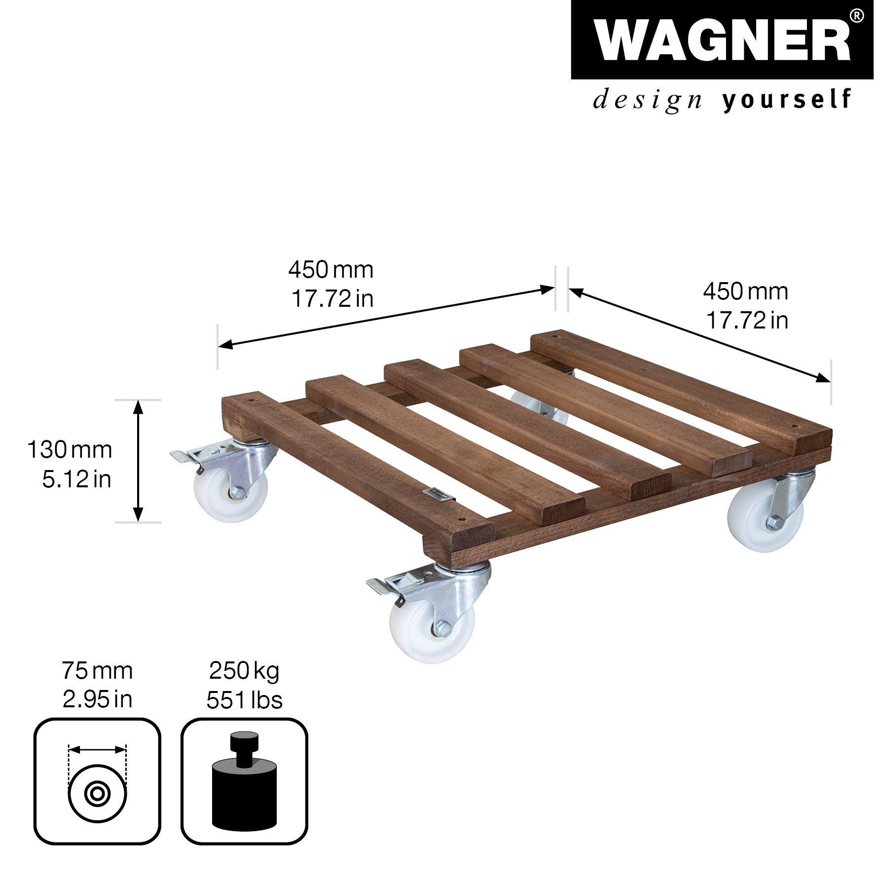 WAGNER Support à roulettes pour Pot de Fleur PALETTI BIG 45 x 45 x 13 cm I intérieur + extérieur I Bois Massif certifié FSC®, Marron I 2 Freins I Capacité de Charge 250 kg I Made in EU - 20087001