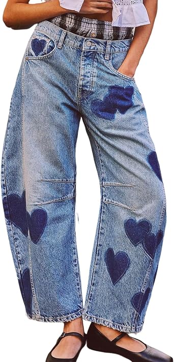 Barrel Jeans for Women Baggy Wide Leg Y2k Boyfriend Bohemian Floral Print Jeans Mid Rise Denim Ankle Pants