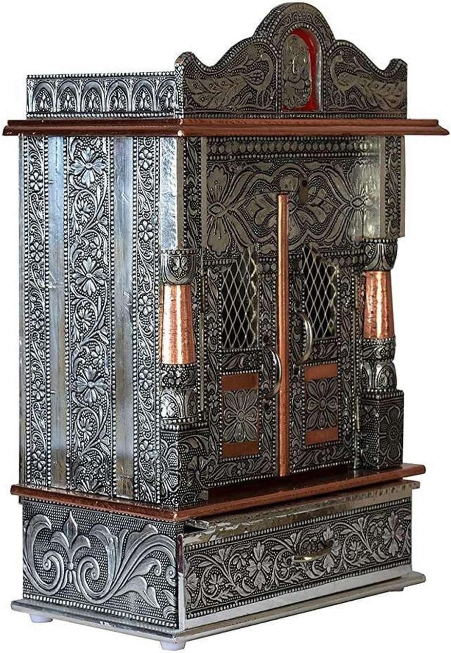 Metal Pooja Mandir Temple, Silver and Copper Finish, Intricate Floral Embossed Design, with Doors and Drawer