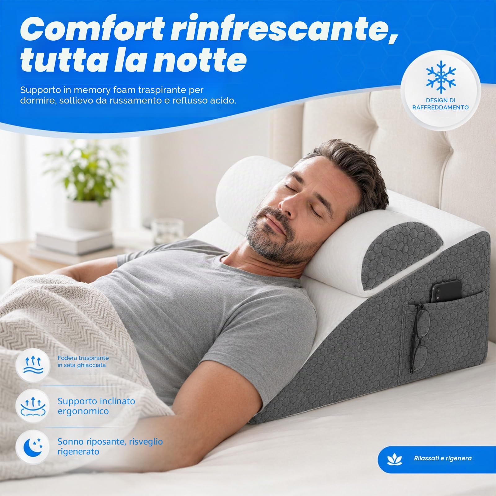 Cuscino a cuneo in memory foam, cuscino triangolare inclinabile con cuscino cervicale, lavabile, per collo, gambe, schiena, dormire, lettura, post recupero gravidanza