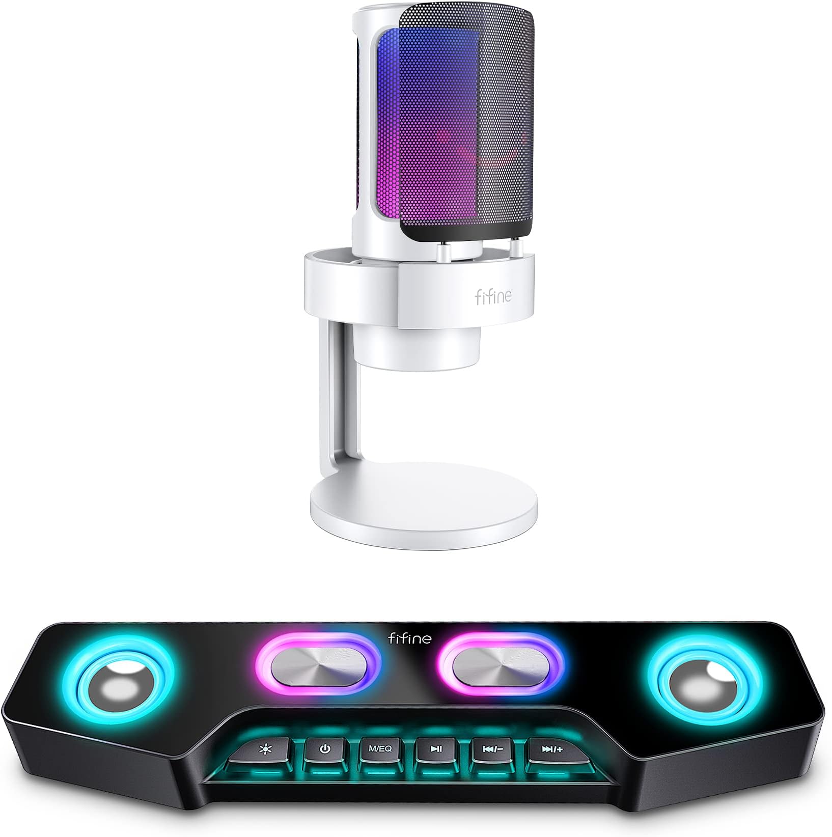 FIFINE Bluetooth Speaker and White Gaming Mic, AmpliGame USB PC Computer RGB Microphone with Monitoring Headphone Jack, Light Control,PC Wireless Speaker for Live Streaming,Podcasting,Video (A16+A8W)