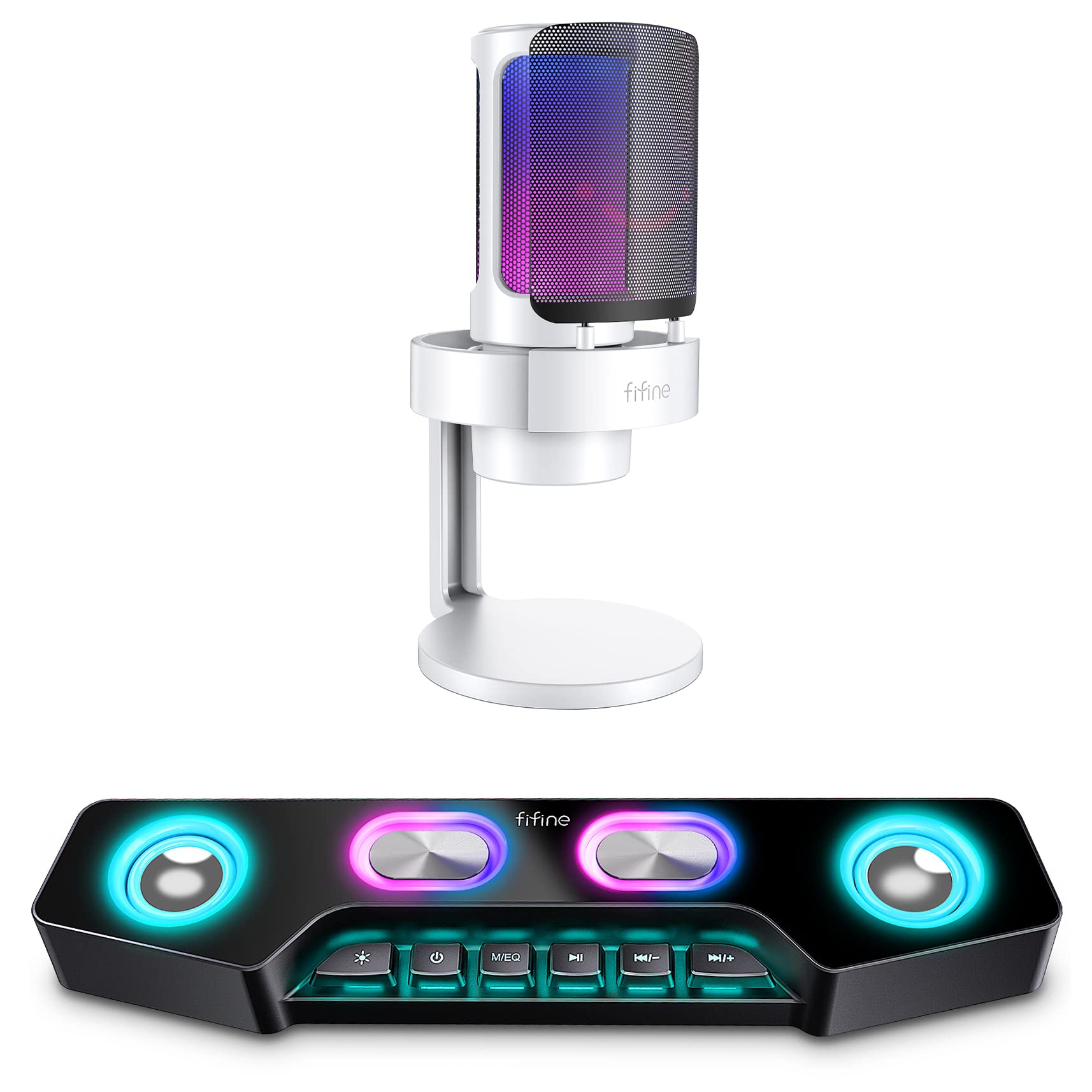 FIFINE Bluetooth Speaker and White Gaming Mic, AmpliGame USB PC Computer RGB Microphone with Monitoring Headphone Jack, Light Control,PC Wireless Speaker for Live Streaming,Podcasting,Video (A16+A8W)