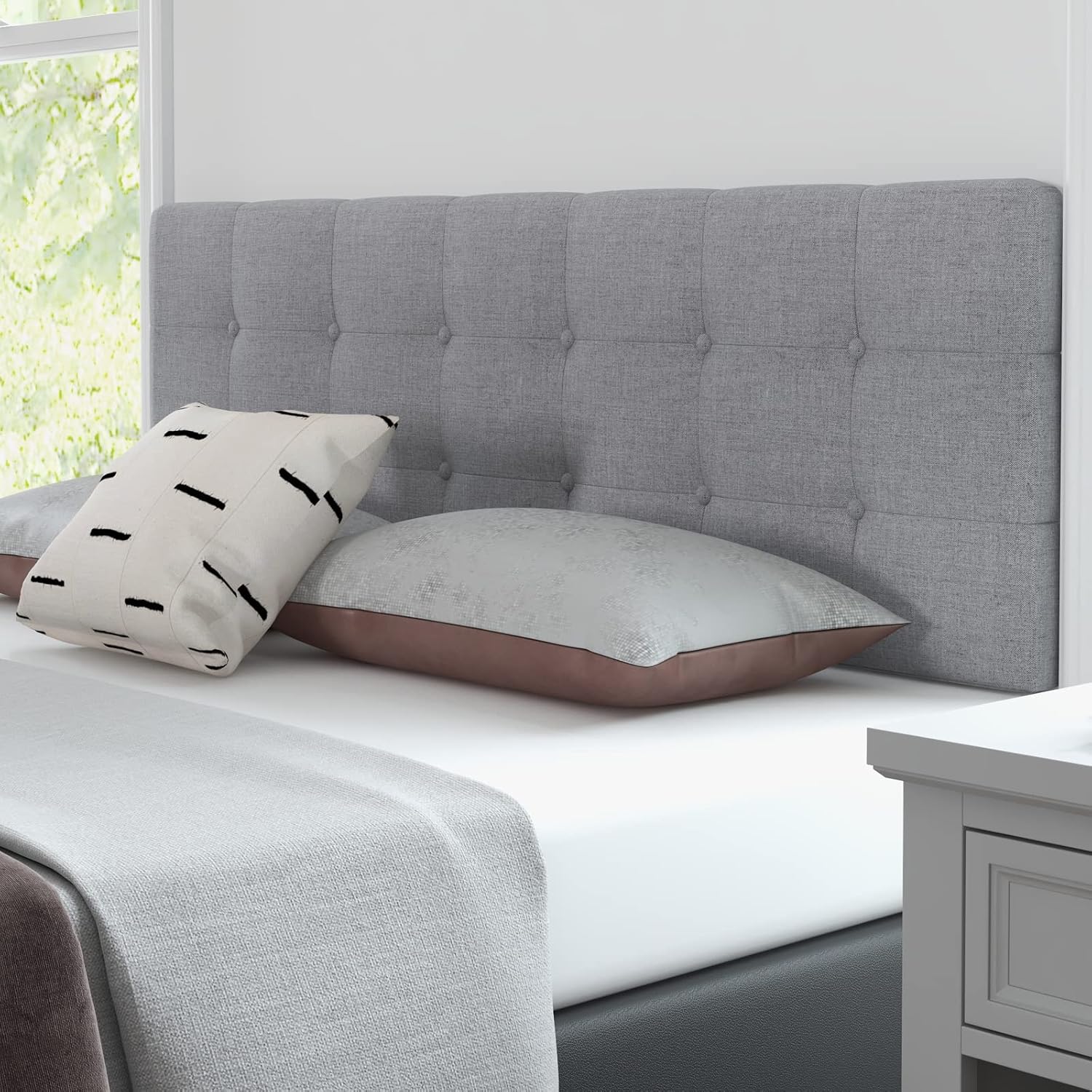 Giantex Linen Upholstered Headboard, Adjustable Width Button Tufted Headboard Only with Solid Wood Legs, Attach Frame, Rectangular Headboard for Queen Full Size Bed, Gray