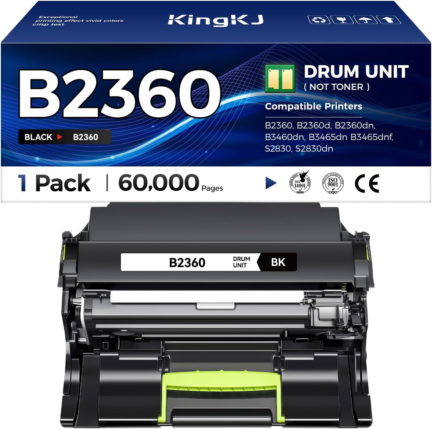 B2360 KVK63 Drum Unit (Not Toner) 1-Pack Replacement for Dell B2360 KVK63 Image-Drum Compatible with Dell B2360 B2360d B2360dn B3460dn B3465dn B3465dnf S2830 S2830dn Laser Printer All-in-One Copier