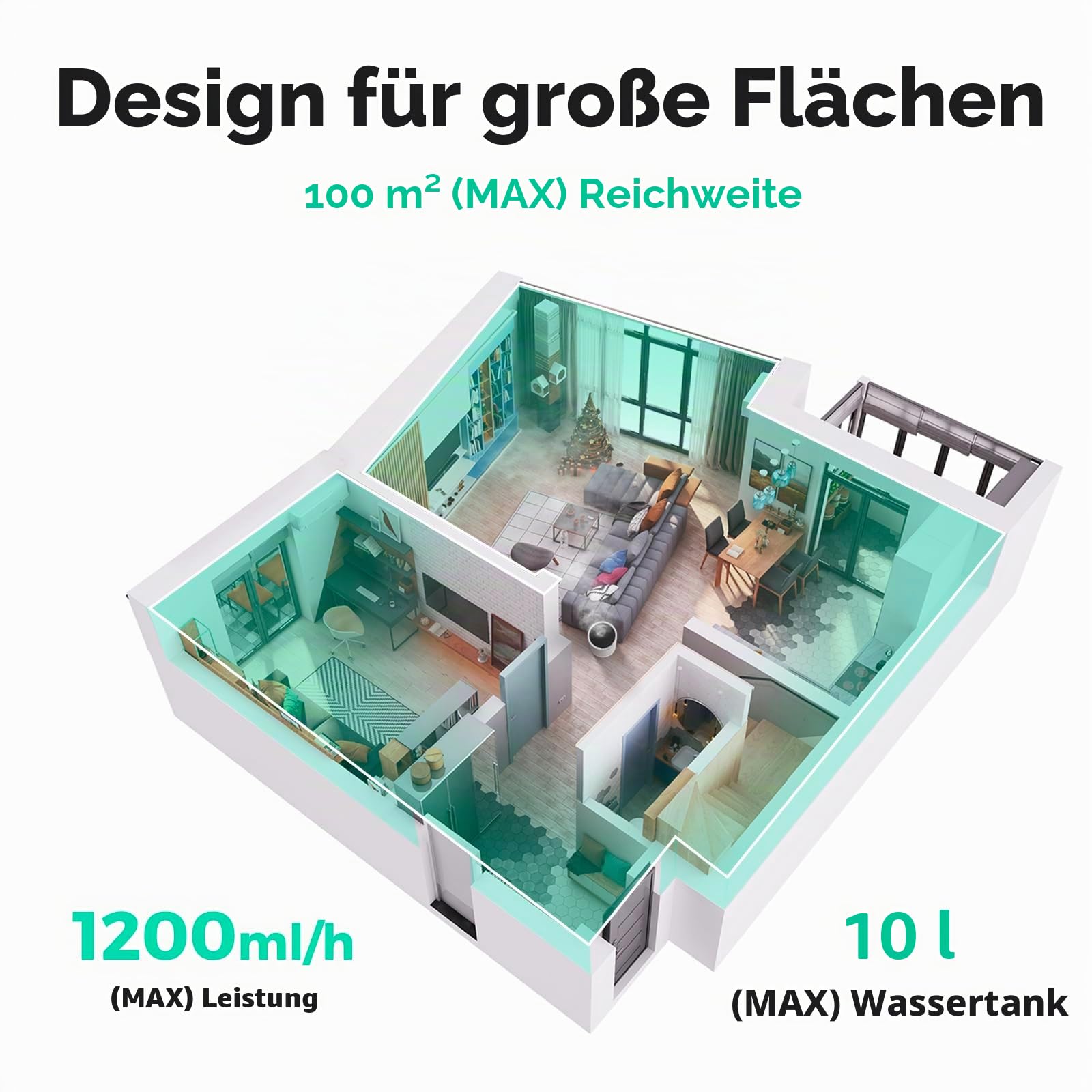 Luftbefeuchter für große Räume, 10-Liter-Dampfluftbefeuchter für das ganze Haus mit automatischer Abschaltung, 3-Stufen-Nebel, maximale Leistung von 1200 ml/h, Abdeckung von bis zu 1000 Quadratfuß