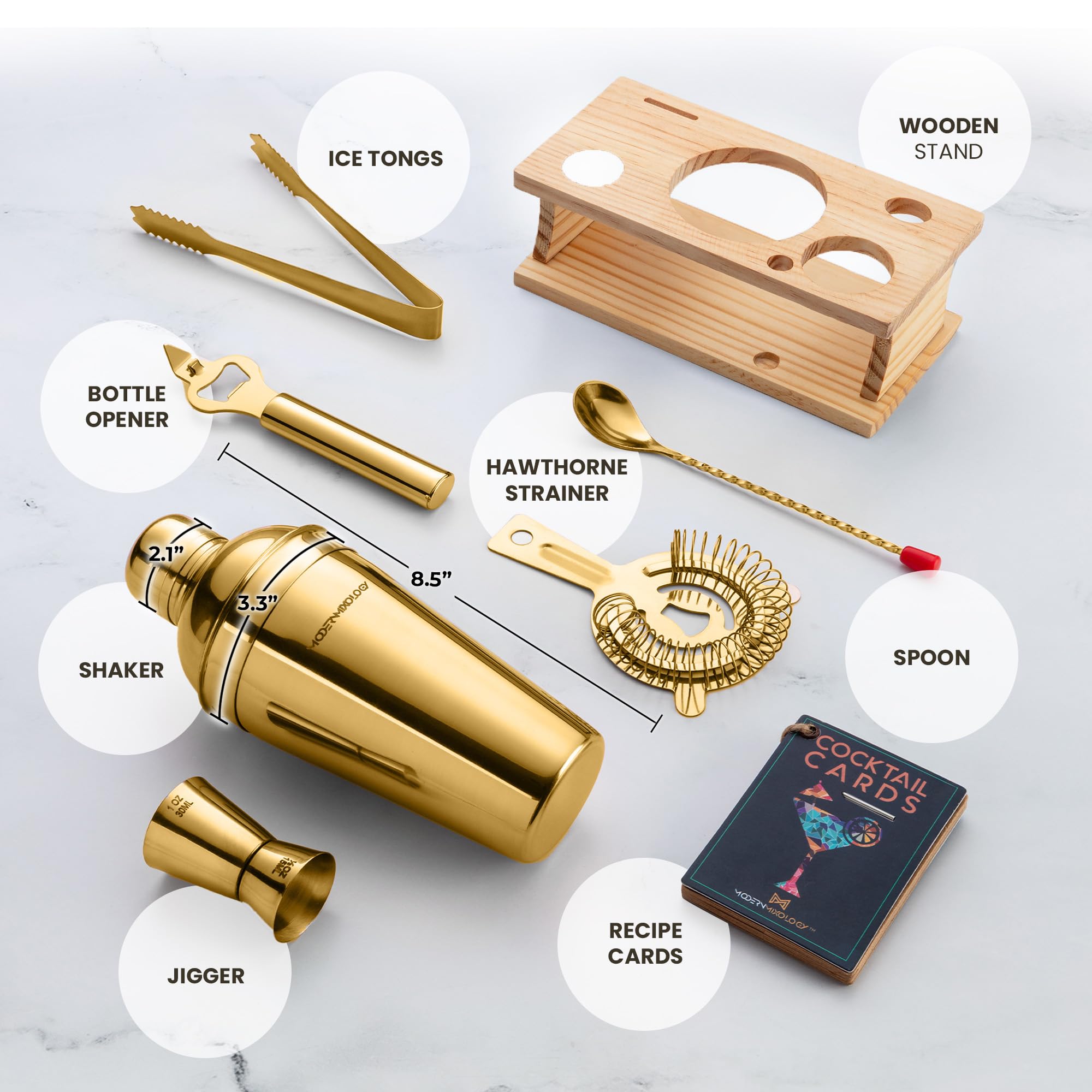 Mixology Bartender Kit con supporto | Oro con supporto in legno di pino, set shaker per cocktail - Strumenti da bar: shaker Martini, Jigger, colino, cucchiaio, pinze, apri | Nuova idea regalo per