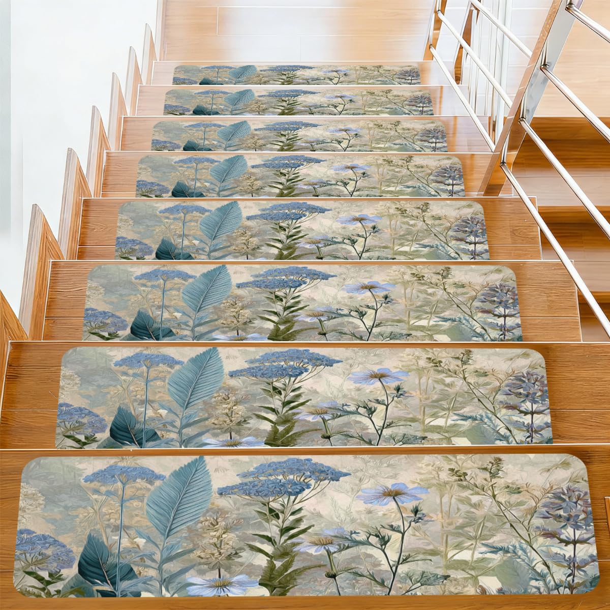15 peldaños de escalera antideslizantes de 20x76 cm con estampado floral azul y verde