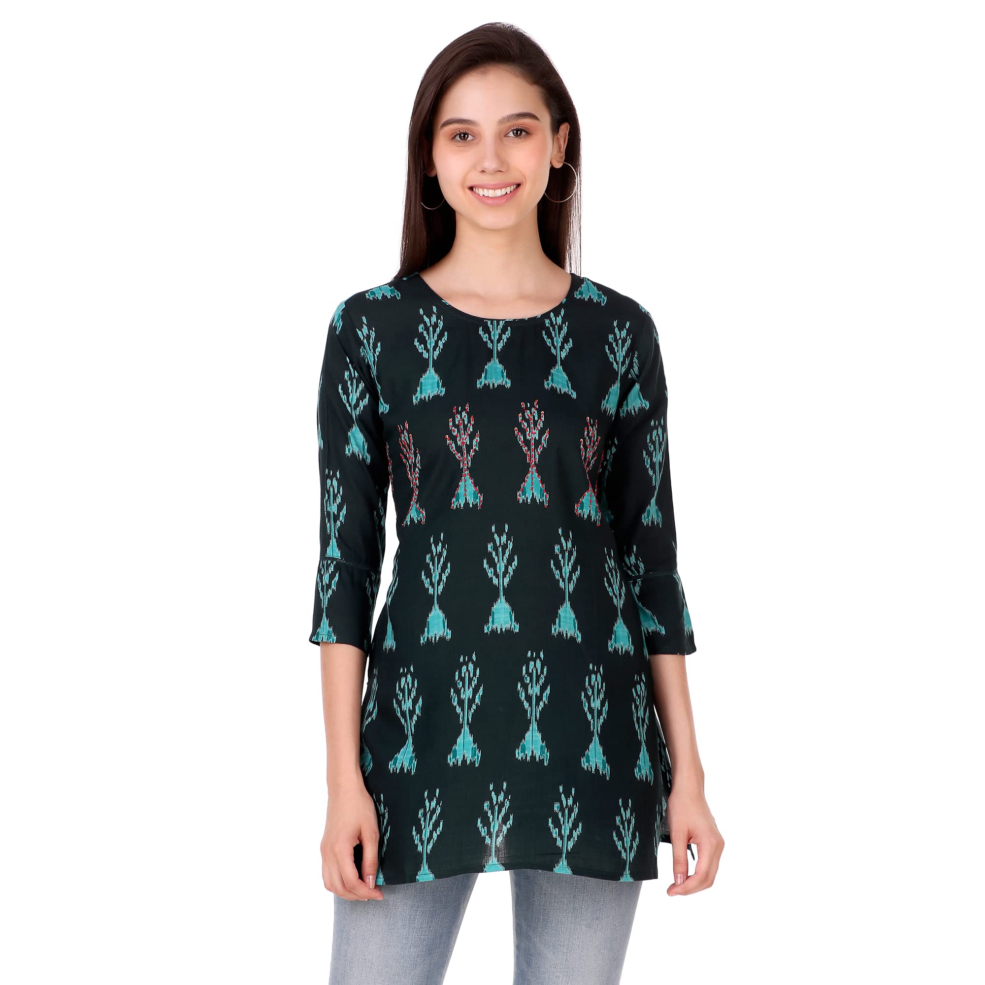 StyleOceanWomen Casual Printed Rayon Blue 3/4 Sleeve Tunic Top