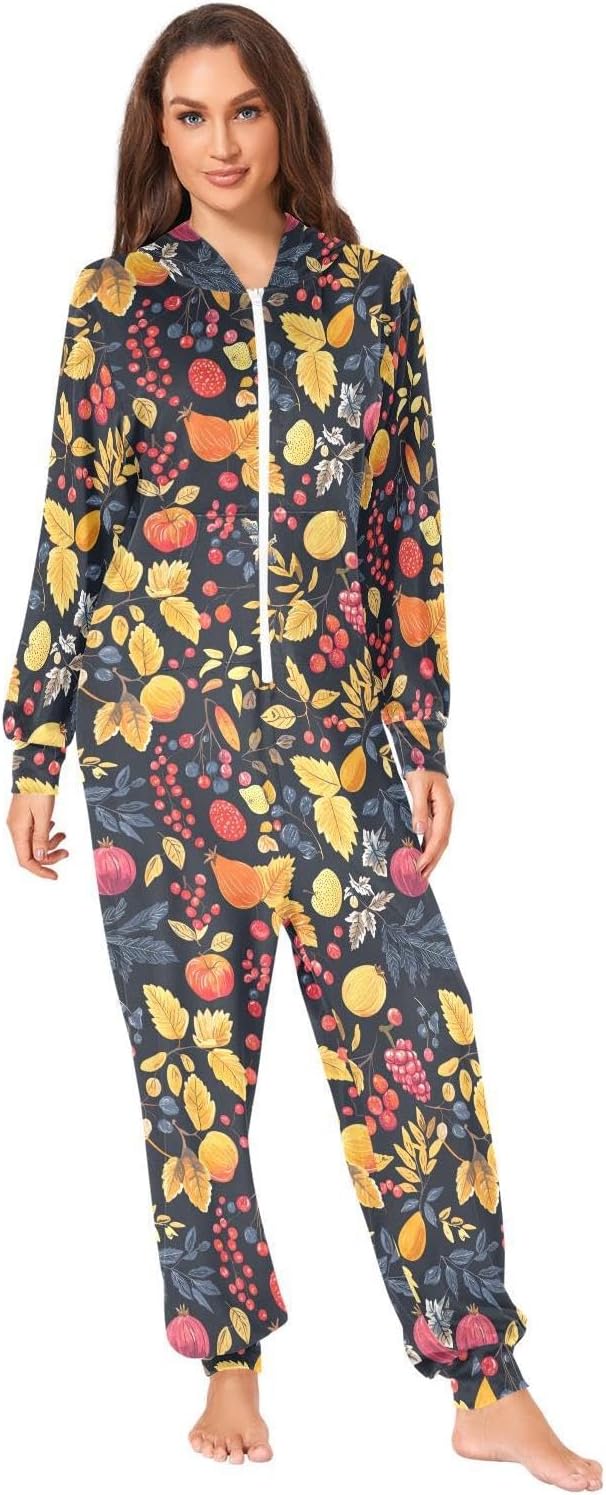 ZZKKO Autumn Berry Fruit Harvest Adult Onesie Pajamas for Women Men Cozy One Piece Pajamas Costume Zip-Up Hooded S-XL
