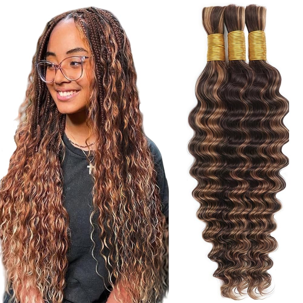 32 32 32 Inch Deep Wave Bulk Hair For Braiding P4/30 Highlight Brown menschliches Haar 3 Bundles/Pack No Weft Premium Braiding Hair Extensions for Boho Braids With Minimal Tangle