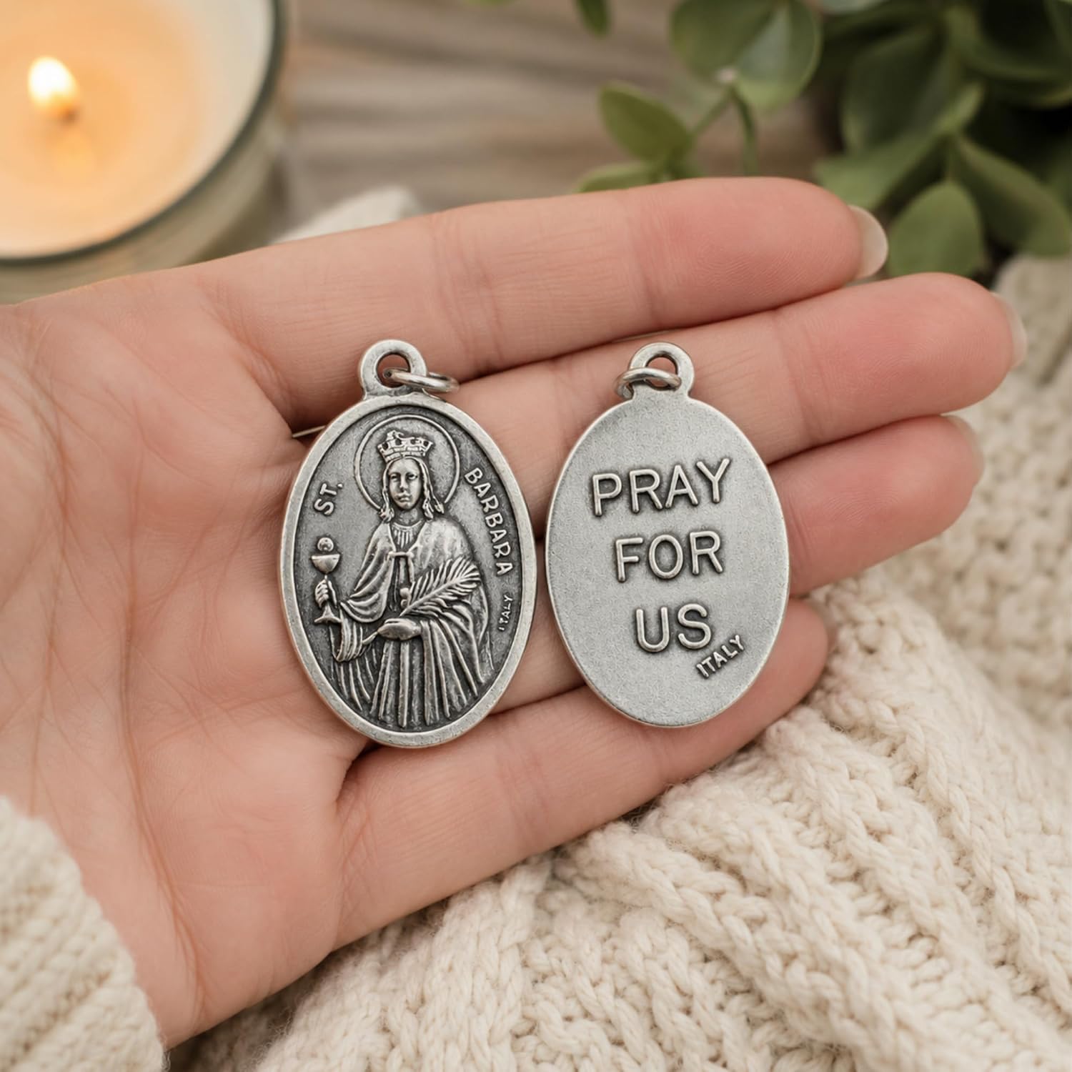 Westmon Works St. Barbara Patron Saint Medal Charm with Prayer Card – 1" Italian Antiqued Silver Oxidized Pendant, Pray for Us Reverse, Catholic Gift for Firefighters, Military, Miners & Protection