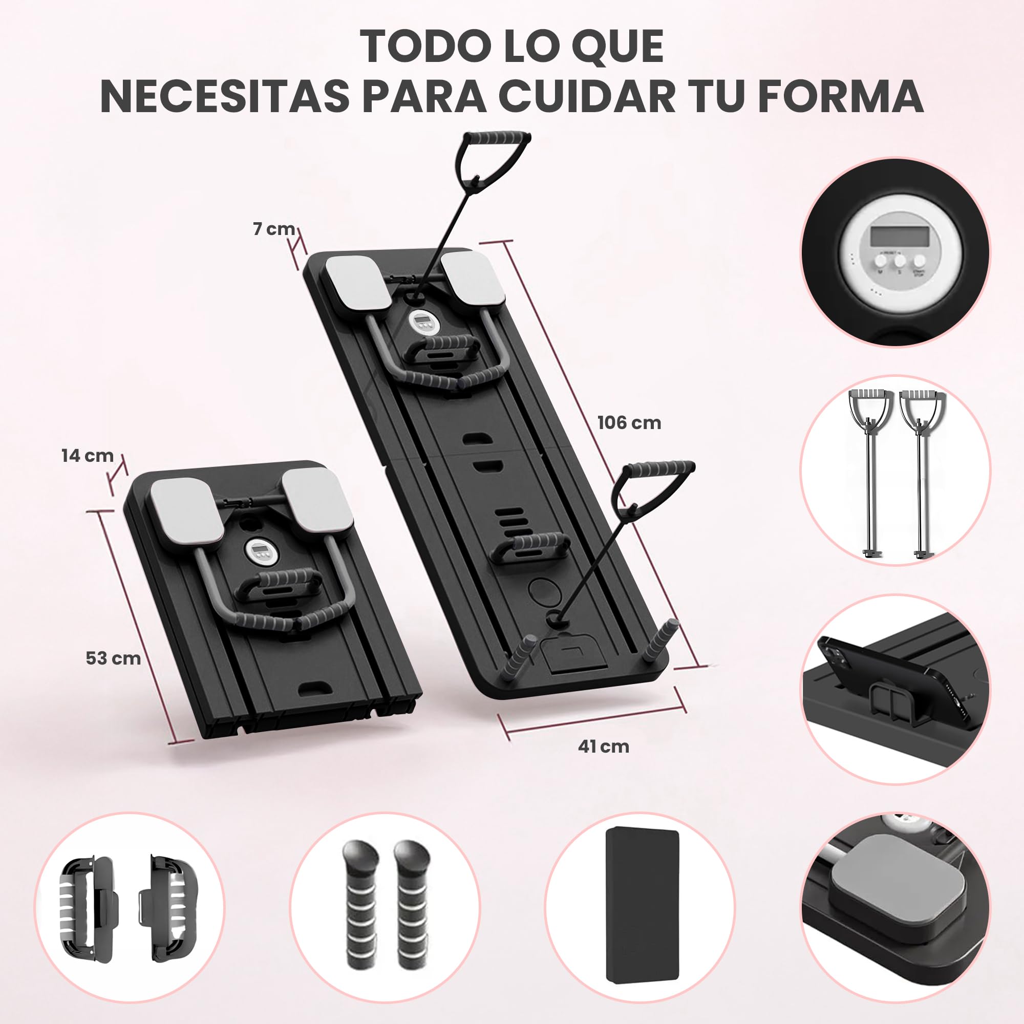 Extralink Pilates Board – Pilates Reformer Plegable para Casa, Multifuncional, Entrenador de Abdomen con Bandas de Resistencia, Rebote Automático, LCD, Soporte para Teléfono, Compacto & Estable