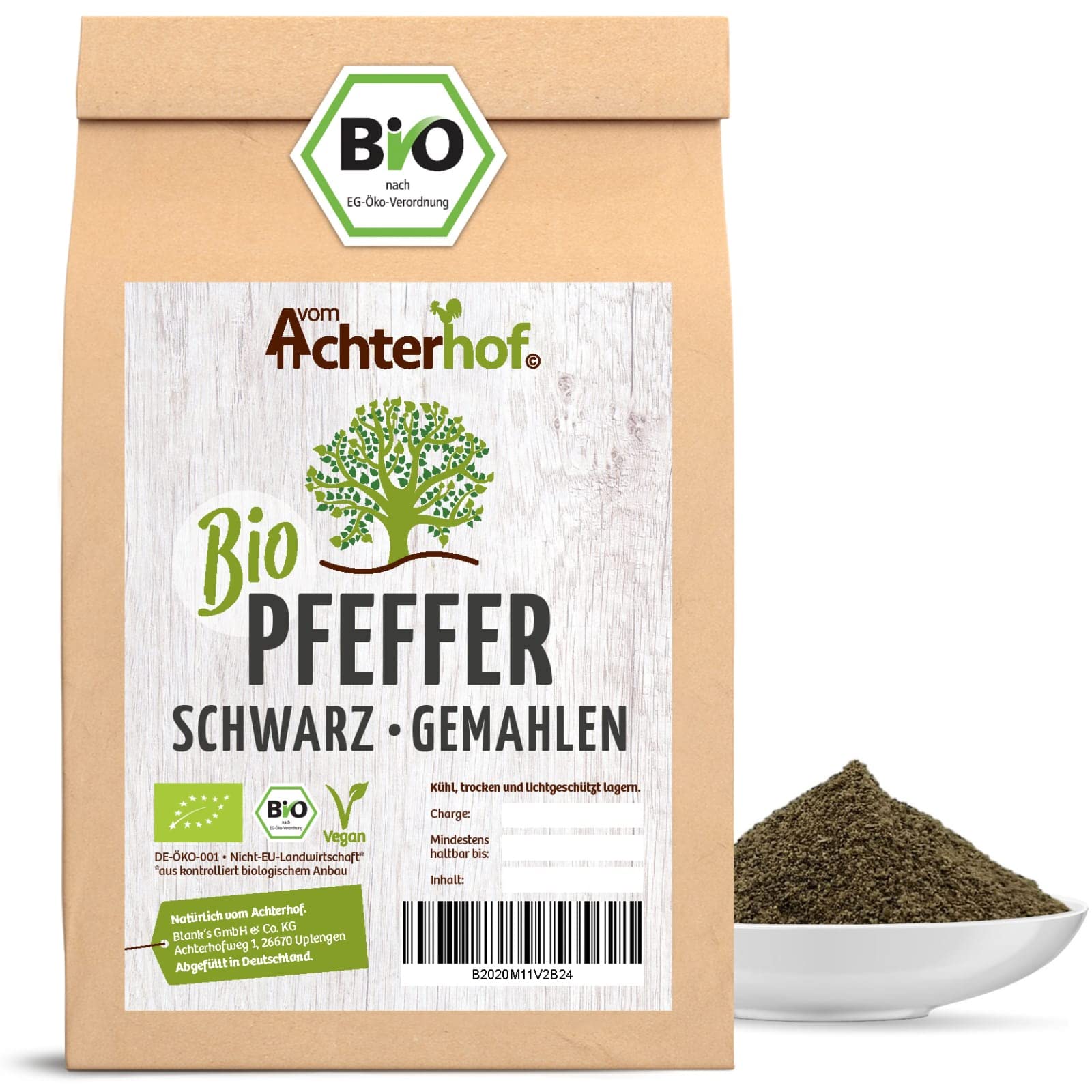 Pfeffer schwarz BIO gemahlen 200g | Gewürzklassiker in höchster Bio-Qualität | Feinster Pfeffer schwarz und frisch vermahlen | anmutig scharfes und dennoch würziges Aroma | vom Achterhof