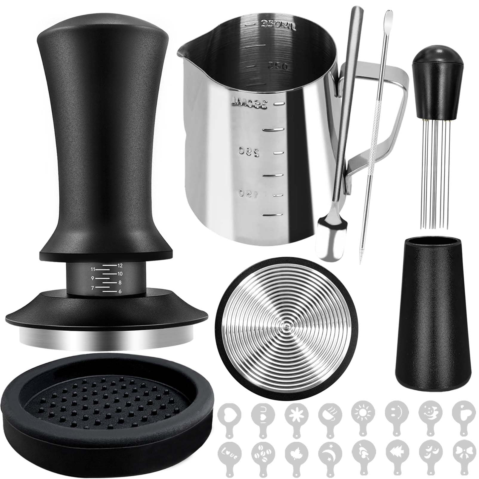 Set di 22 Tamper caffè Espresso, Accessori per Barista, distributore di caffè con 51 mm, per Espresso e Espresso, Frusta per caffè, Cucchiaio, brocca per schiumare, Penna e Stencil Decorativi