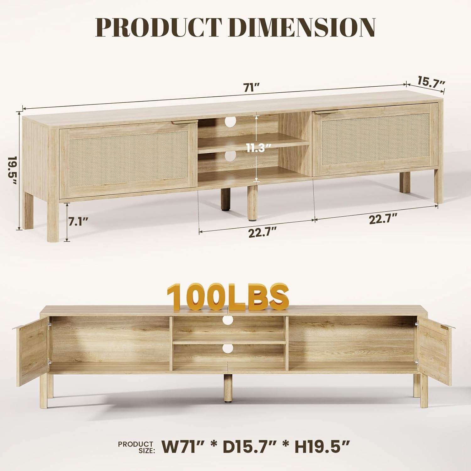 TV Stand for Living Room - Fits up to 80 Inch TVs, Rattan Media Console Table with Adjustable Shelves & 2 Storage Cabinets, Mid-Century Modern Entertainment Center, Oak 71" - Image 2