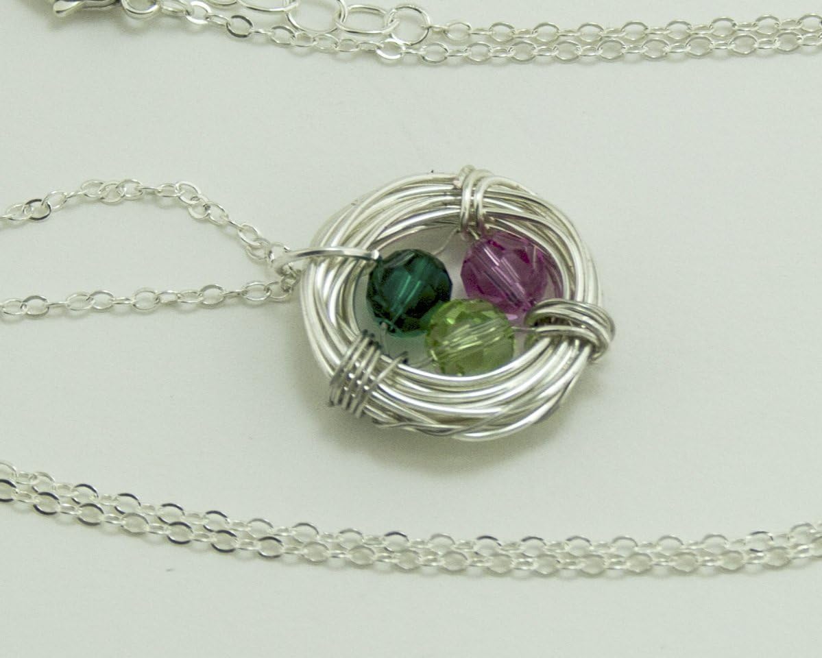 Personalized Necklace Nest Birthstone eggs Birdnest Sterling silver. Swarovski Crystal. Custom birthday Months Topaz blue amethyst emerald. birth stones