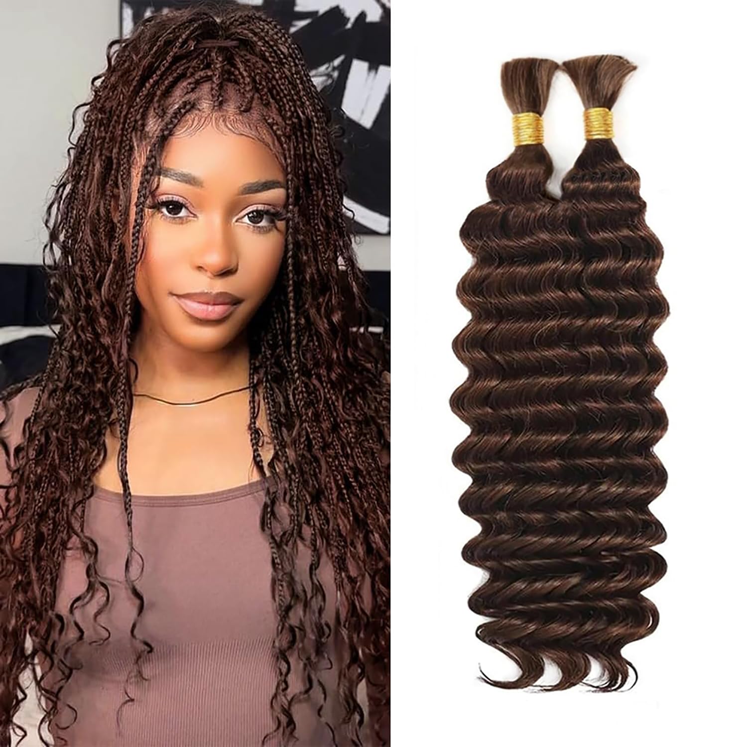 Human Braiding Hair for Boho Braids 100g 16 Inch #4 Deep Wave Boho Bulk Human Hair for Bohemian Knotless Braids 12A Wet and Wavy No Weft 2 Bundles/Pack Curly Hair