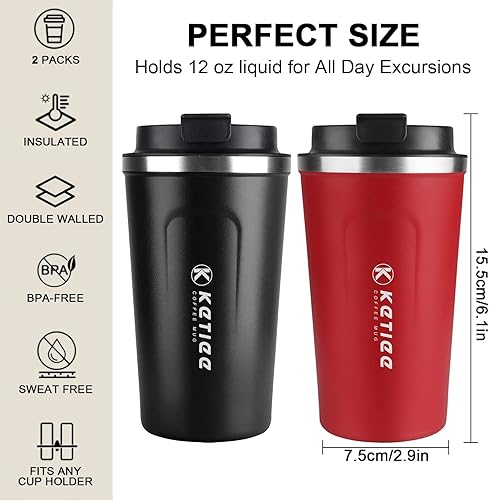 Miniatura 2 de KETIEE Juego de 2 tazas de viaje de 12 onzas, taza de café de viaje aislada para llevar, vaso de café, tazas de café reutilizables con tapa, taza de