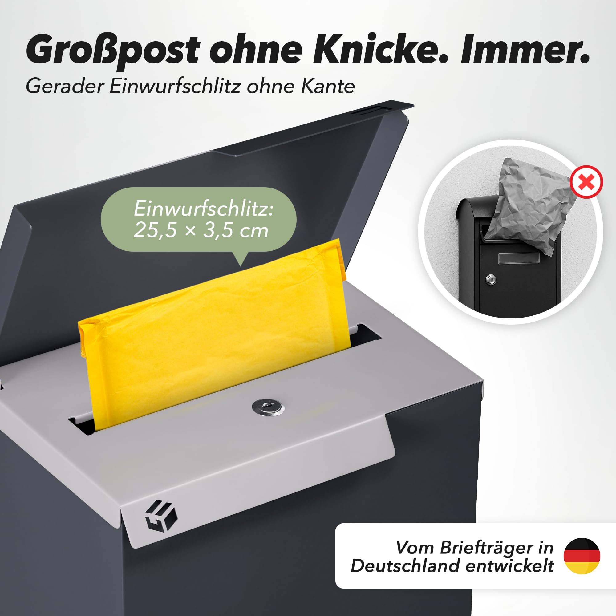 Briefkasten RAL 7016 Anthrazit | Vom Briefträger entwickelter XL-Wandbriefkasten für Päckchen & Post - wetterfest, geräuscharm, abschließbar - Outdoor Stahl-Postkasten modern