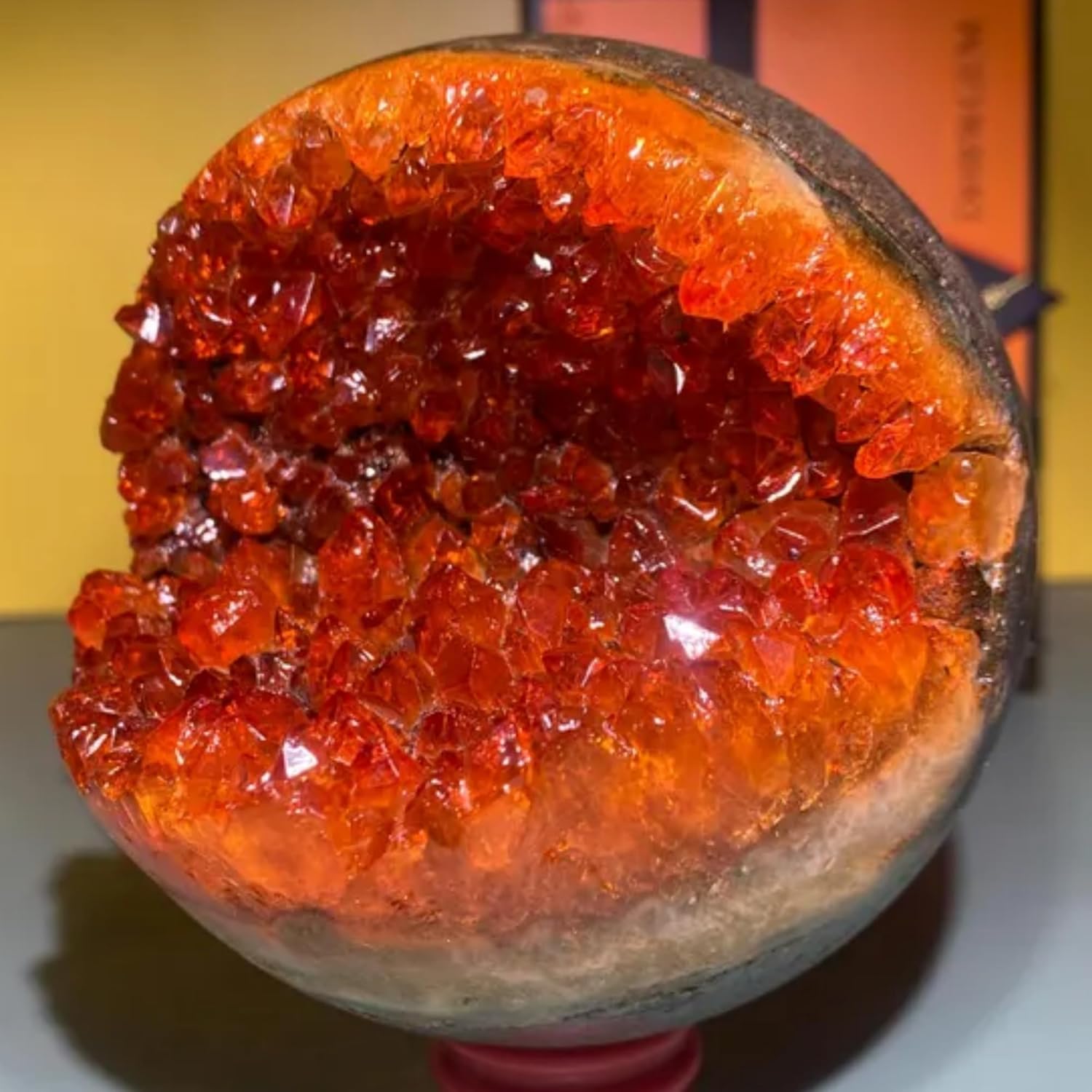 1Pc Natural Orange Geode Sphere, 3.15-3.34 Inch Orange Smiley Geode Cluster Sphere, Crystal Cave Formation, Mineral Vug Specimen