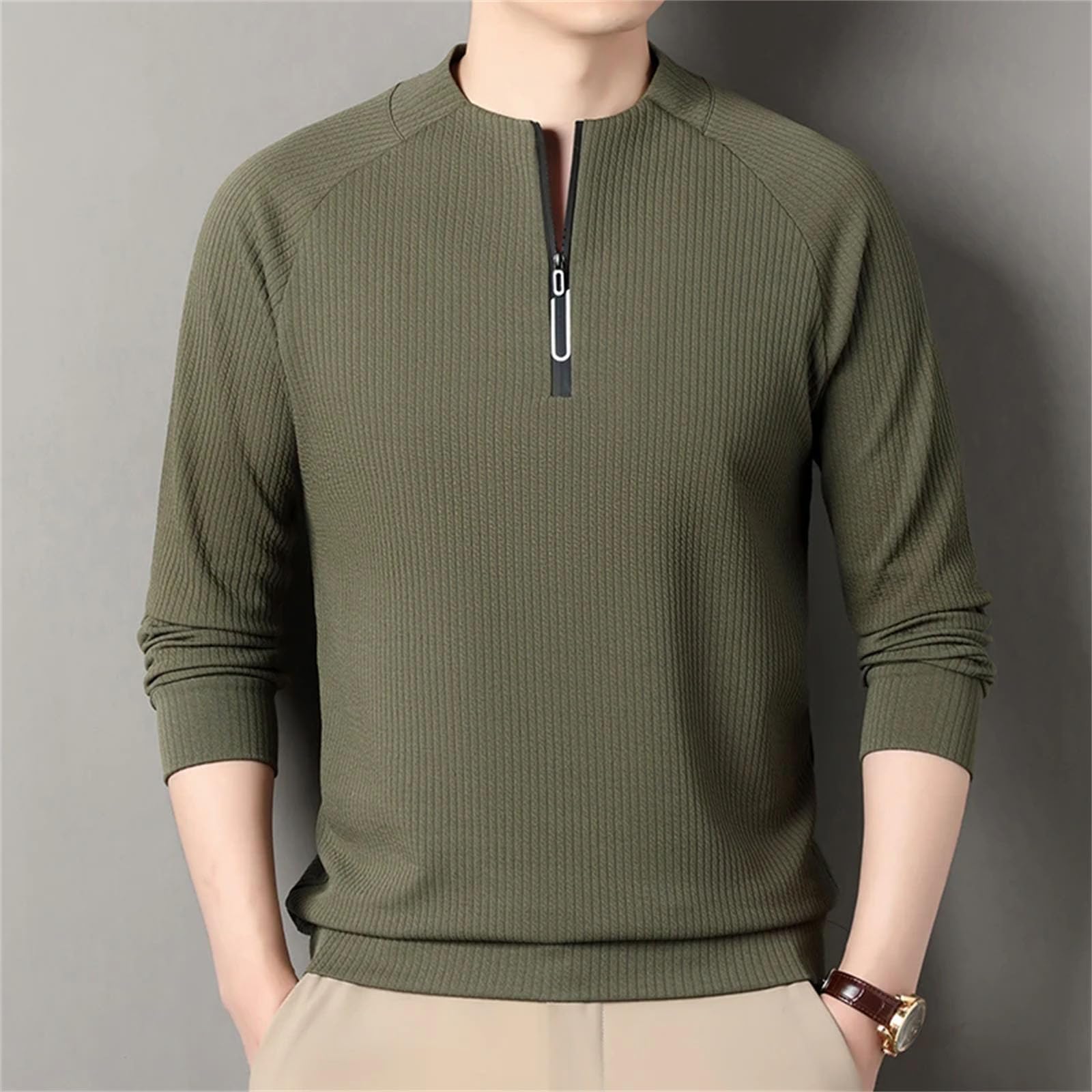 T-shirt da uomo con colletto rialzato, mezza zip, leggera, traspirante, a maniche lunghe, casual, alla moda, vestibilità larga