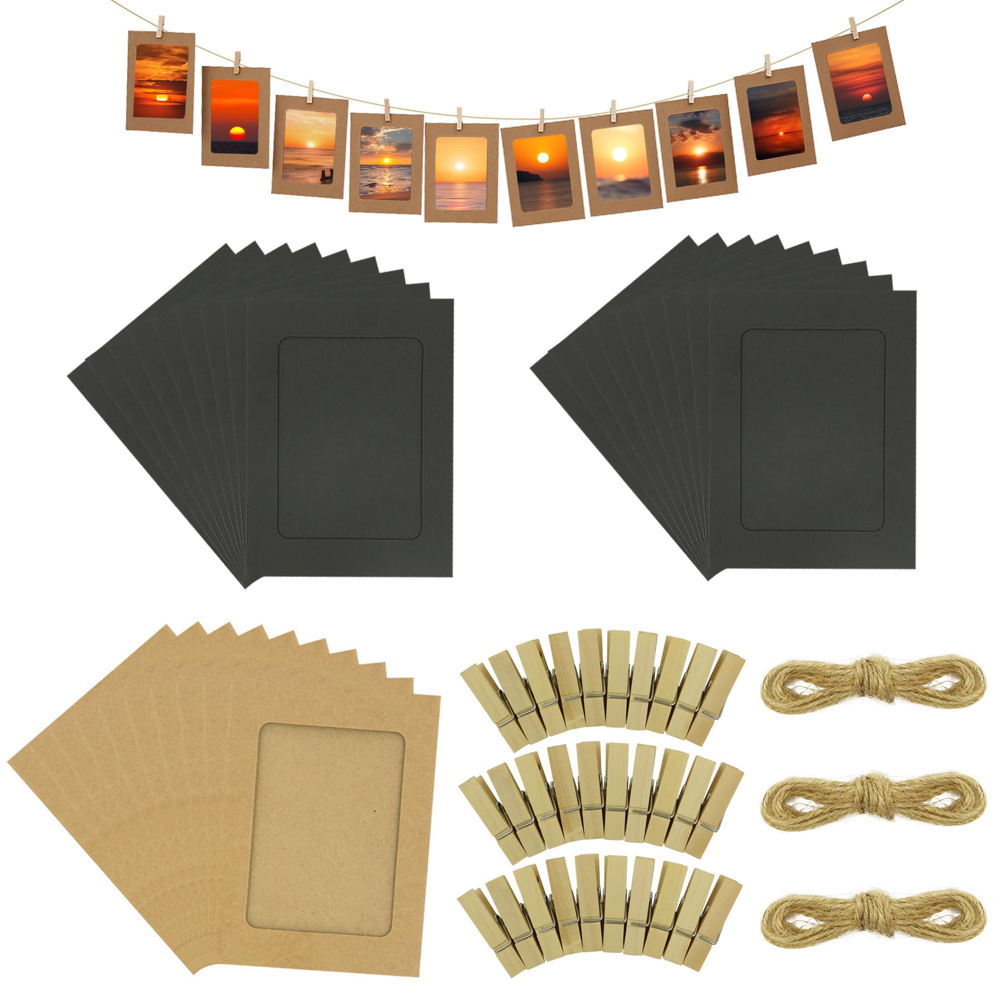 YITOBA 30Pcs Paper Picture Frames 4.5x6, DIY Hanging Photo String with Clips, Black & Kraft Picture Board for Photos, Photo Wall Display Banner Decor for Home, Party, Office (2 Colors)