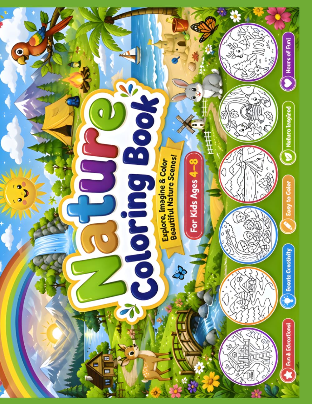Nature Coloring Book for Kids Ages 4 to 8: Fun and Easy Nature Coloring Pages Featuring Flowers, Trees, Animals, Butterflies, Birds, and Outdoor Scenes