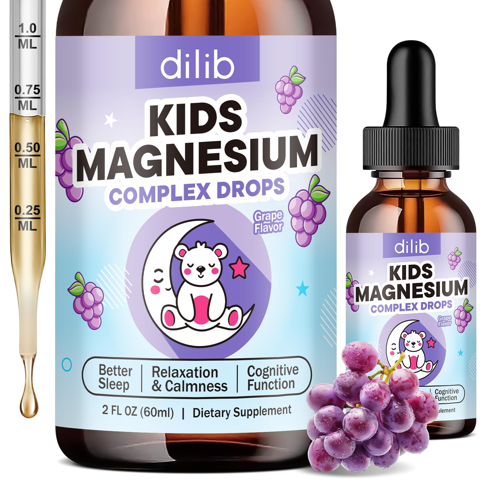 Magnesium Glycinate Lliquid for Kids - with Citrate, Chamomile, L-Theanine, Omega-3, Vitamin B12, D3, Zinc, Kids Magnesium Drops for Sleep, Calm, Relaxation, Brain, Bones, Grape Flavor, 2 Fl Oz Grape 2 Fl Oz (Pack of 1)