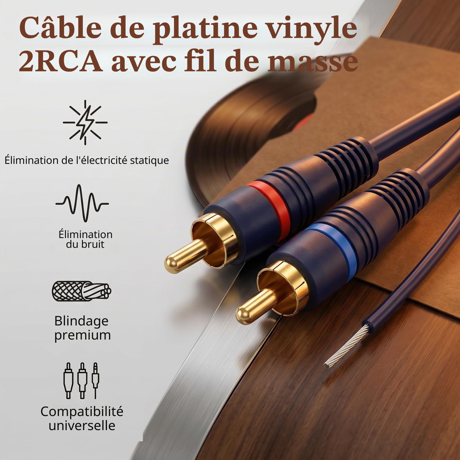 UIInosoo Câble RCA avec fil de terre, 1,8 m plaqué or 2RCA mâle vers 2RCA mâle, interconnexion stéréo pour platine, préamplificateur, tourne-disque, amplificateur