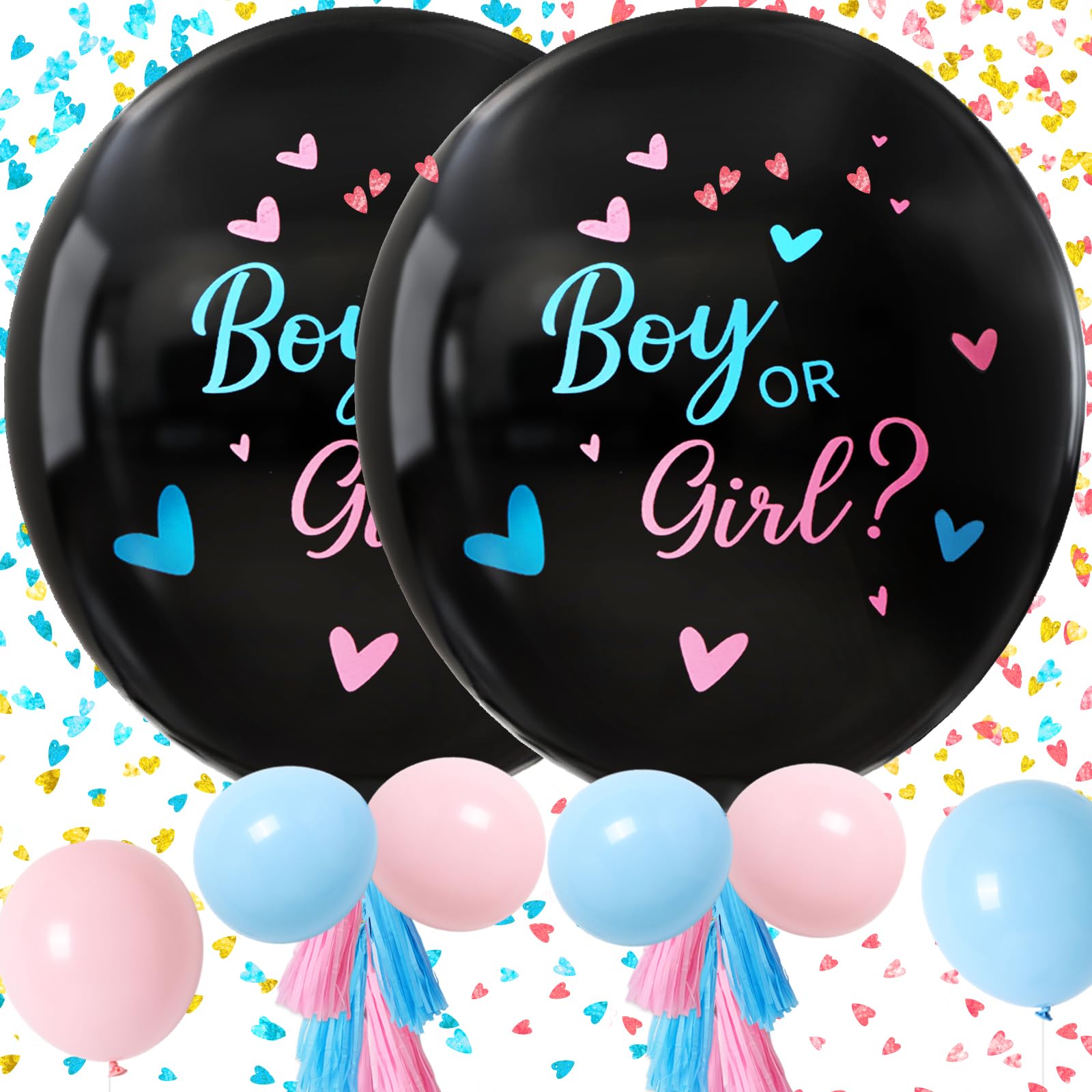 RUBFAC Gender Reveal Balloon Kit, 2pcs 36" Jumbo Black Baby Boy or Girl Balloons with Heart Shaped Paper Confetti, Blue Pink Balloons and Tassels for Baby Shower Gender Reveal Party