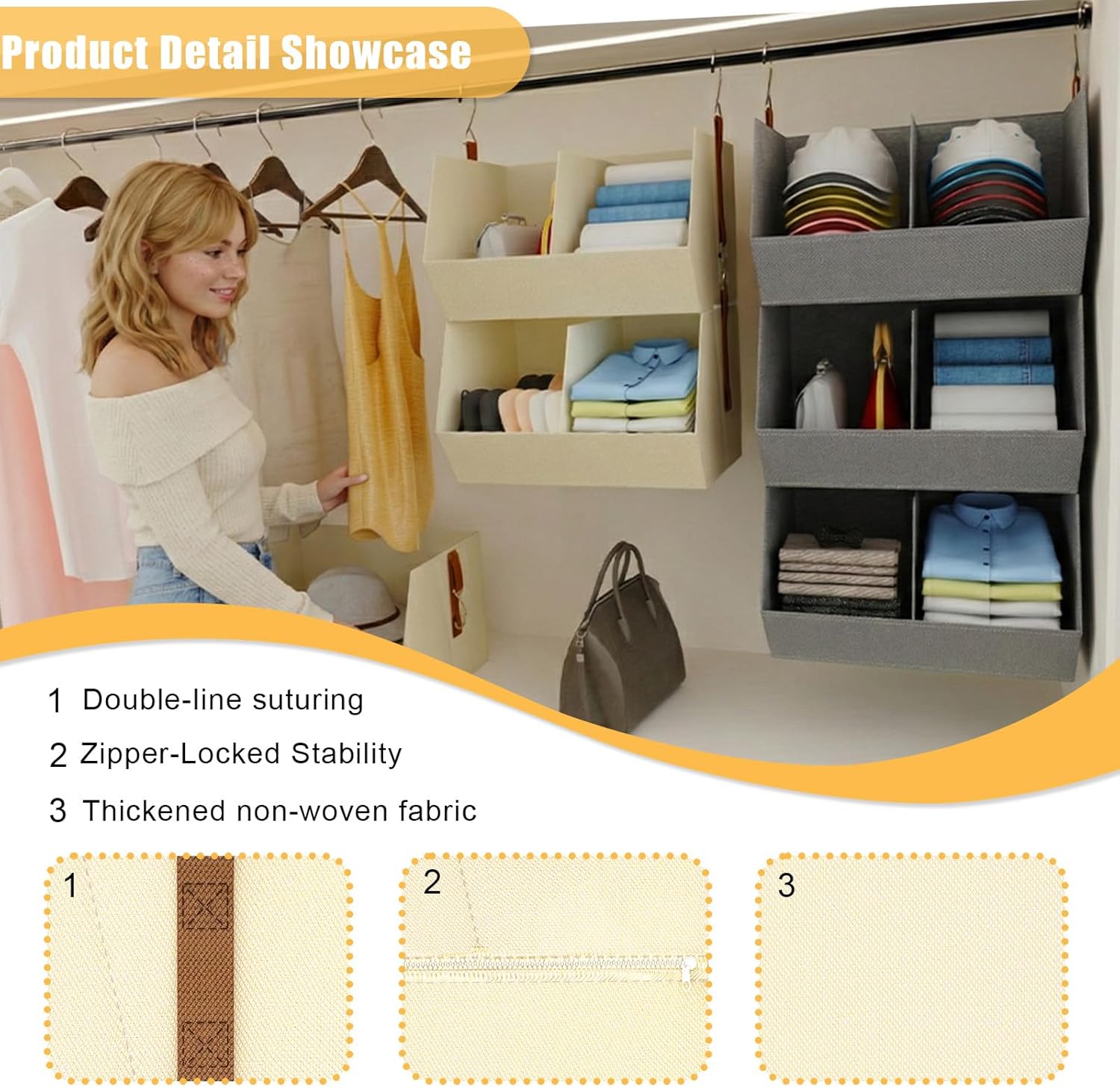 Hanging Closet Organizer, Closet Organizers and Storage, Hanging Closet Organizer Extra Large - Fabric Closet Hanging Organizer for Home, Dorm, Rv,Handbags, Underwear, Sock. Beige - 2 Pack