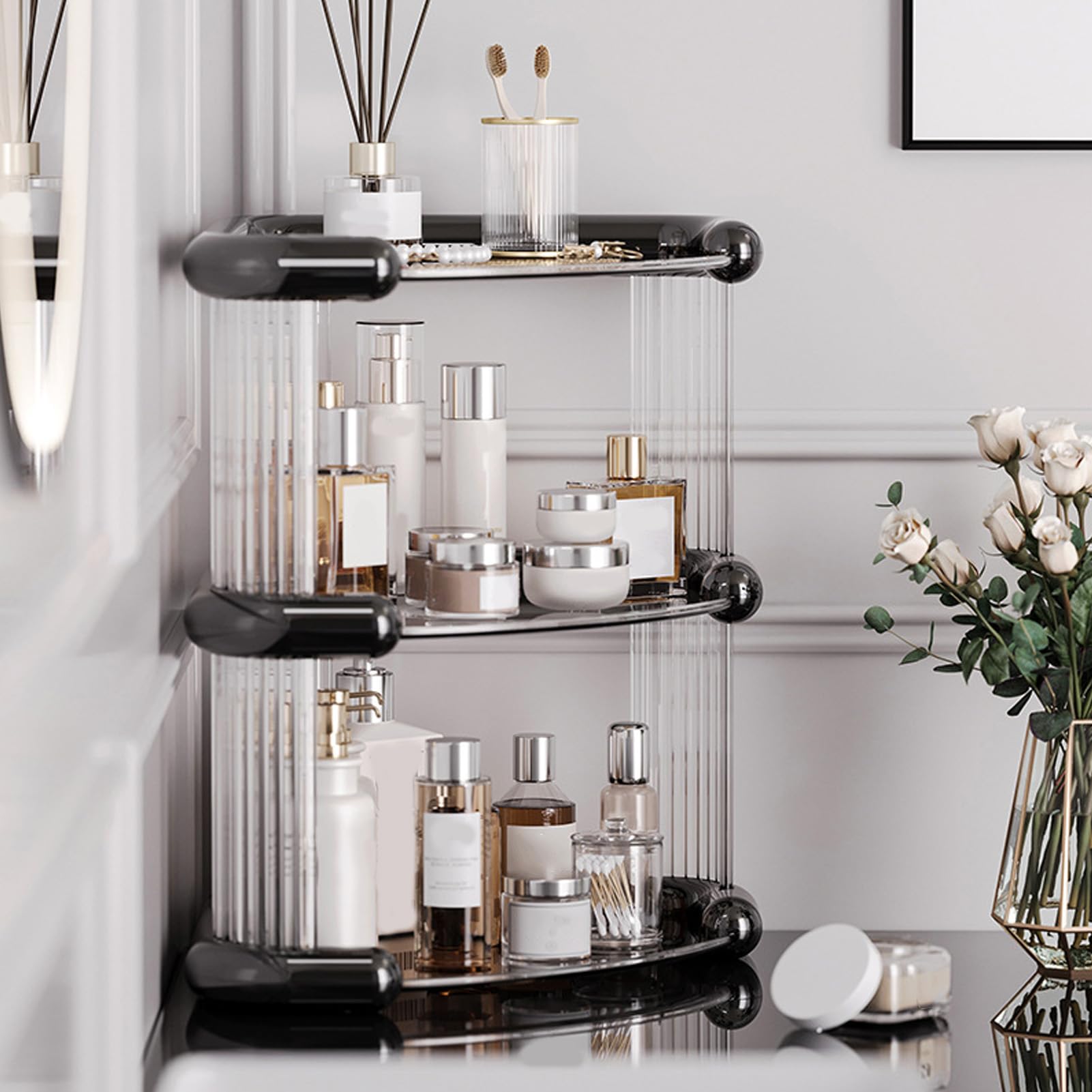 Scaffale angolare multiuso a 3 ripiani, per bagno e cucina, salvaspazio, per ceramica, cibo e altro, design nero trasparente