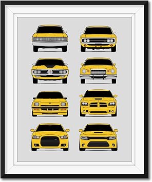 Custom Car Posters Handmade Poster compatible with Dodge Charger Generations and Print of Dodge Charger - Yellow, 11x14 Metallic Print Unframed