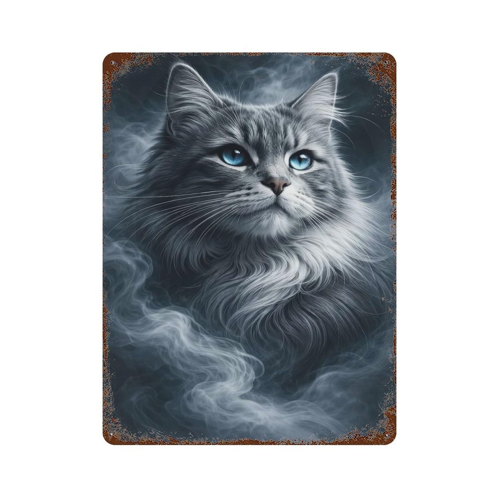 Gray Cat with Blue Eyes Portrait Distressed Metal Wall Sign 15.7"x11.8", Rustic Home Decor for Living Room, Hallway And Home Decor
